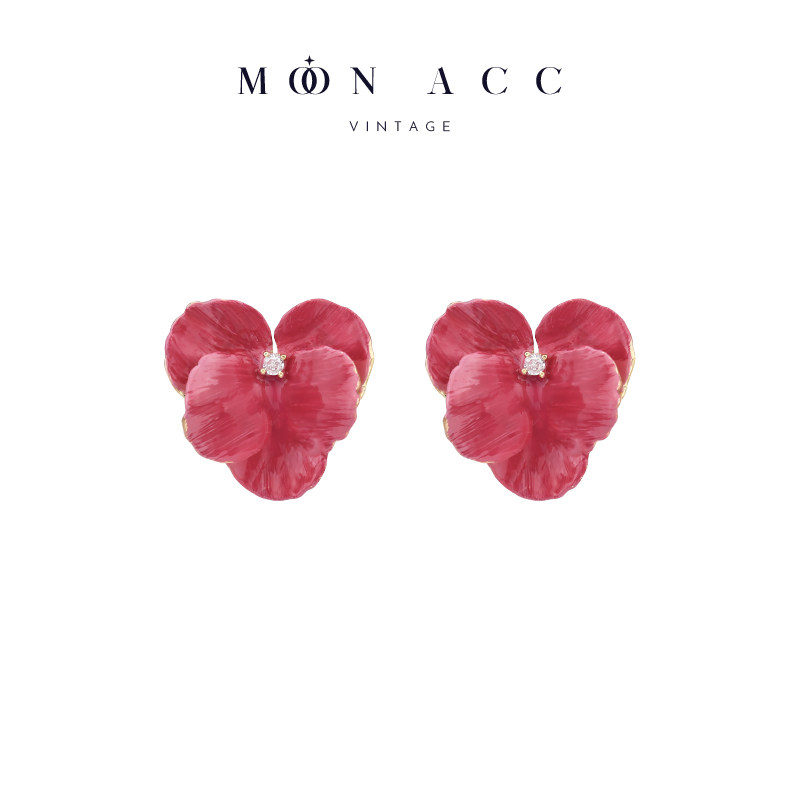 MOON ACC/蝴蝶兰手绘珐琅彩滴釉耳钉 艺术生粉红耳饰无耳洞耳夹女