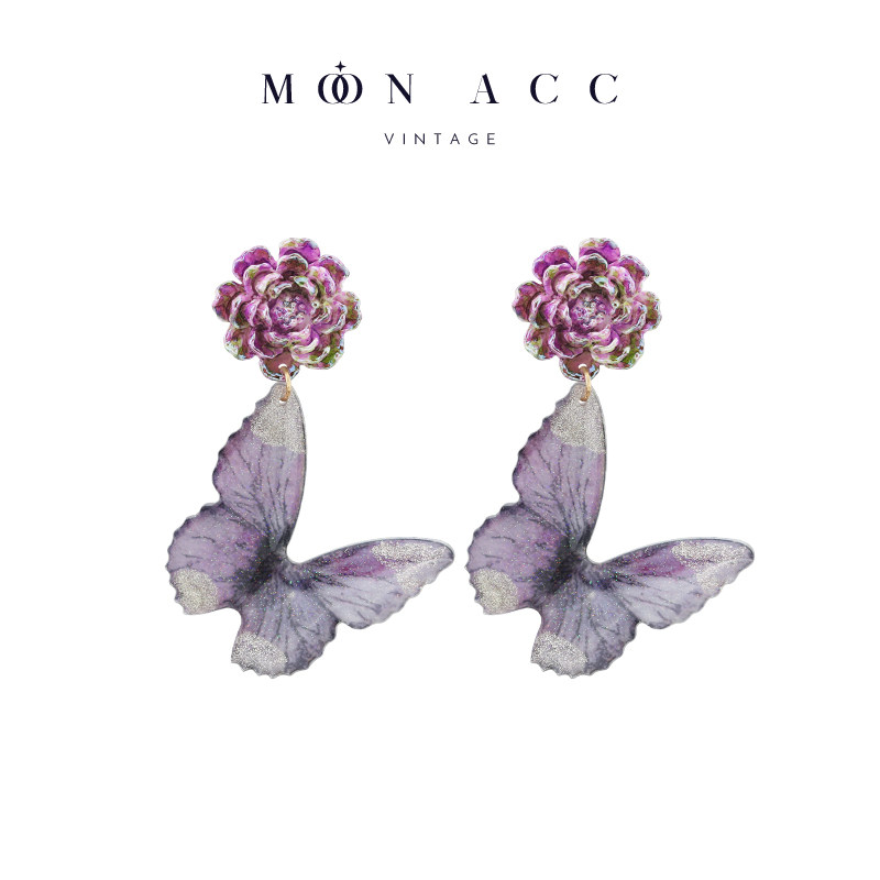 MOON ACC/梦幻紫渐变玫瑰蝴蝶耳钉复古文艺气质耳环小众设计耳夹