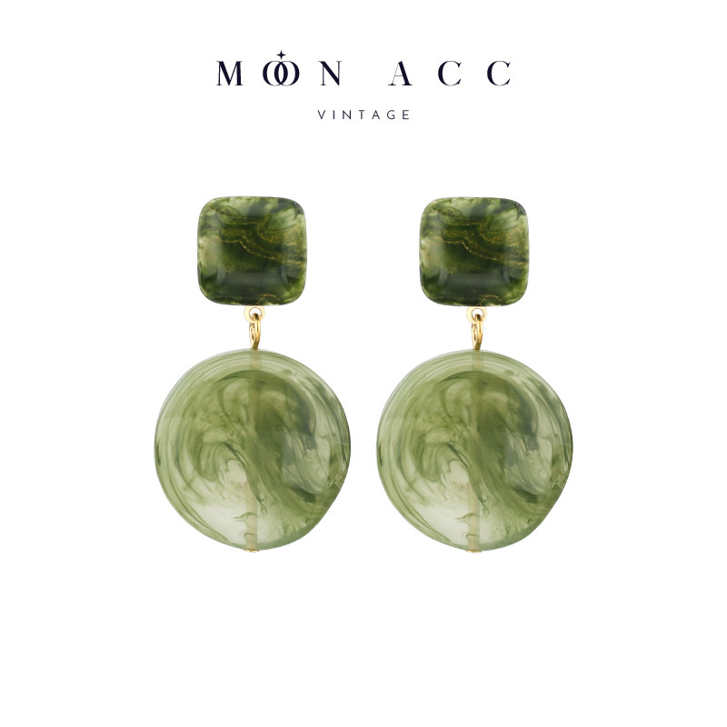 MOON ACC/墨绿色几何亚克力耳钉港风复古百搭气质耳环小众耳夹女