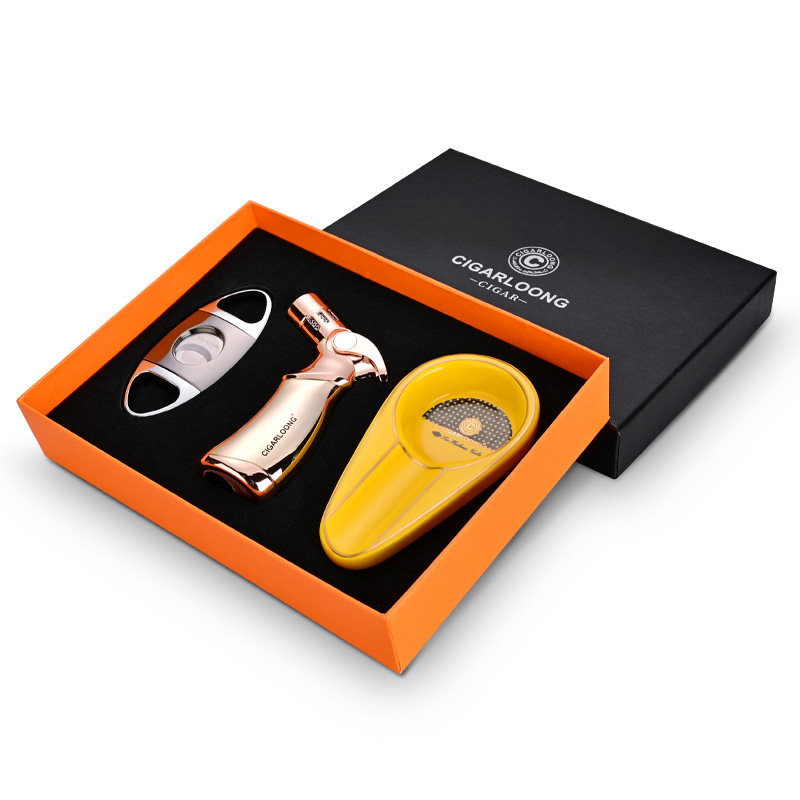 CIGARLOONG/茄龙雪茄烟灰缸雪茄剪防风四火直冲雪茄打火机三件套