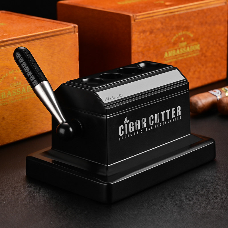 茄龙雪茄刀台式不锈钢拉手多切孔防滑底部木盒包装雪茄剪CL-042