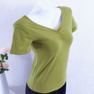 舞蹈练功服上衣女成人短袖形体古典舞中国舞蓝色v领舞蹈生舞蹈服