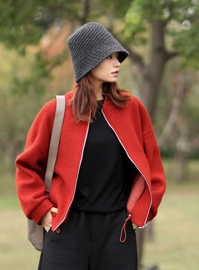 短款大衣女款2025新款 冬季厚羊毛圈圈呢女士毛呢外套红色短大衣