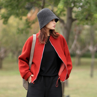 短款大衣女款2025新款 冬季厚羊毛圈圈呢女士毛呢外套红色短大衣