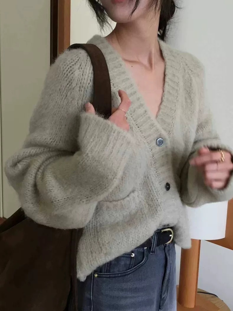 over take复古毛衣女东大门秋冬宽松慵懒风V领毛衣针织开衫外套