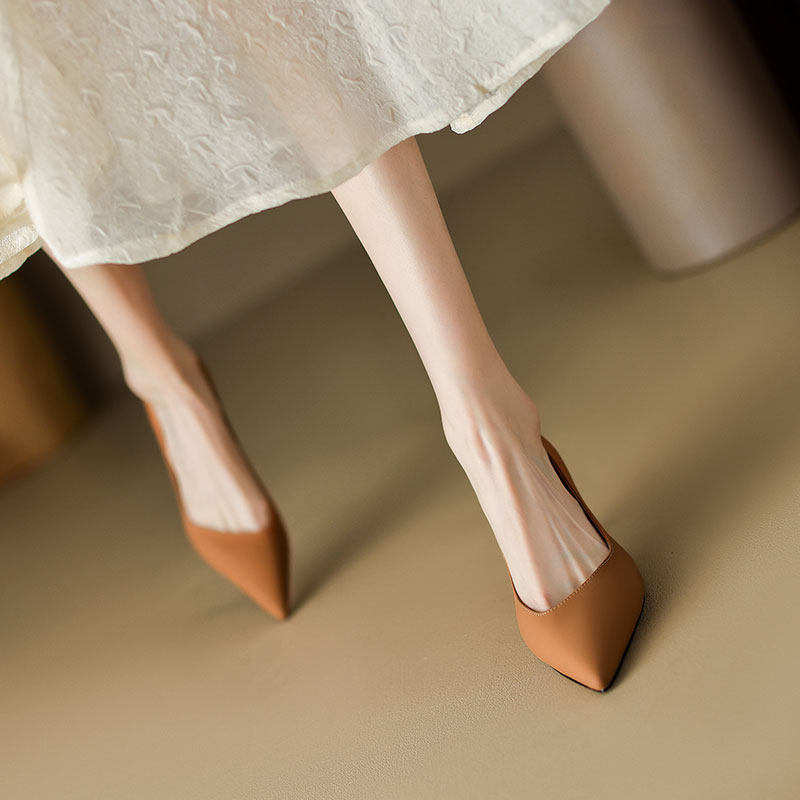 IOUYOH LIGHT BROWN SILK SHEEPSKIN HIGH HEELS WOMENS 2023 NEW VERSATILE POINTED TOE STILETTO OL SINGLE SHOES 7CM