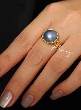 纯银镀金天然马贝欧美古巴链戒指