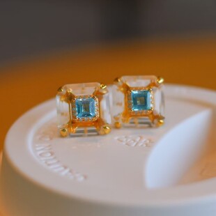 纯银镀金公主方天然白水晶伦敦蓝托帕石耳钉ins风小众高级感