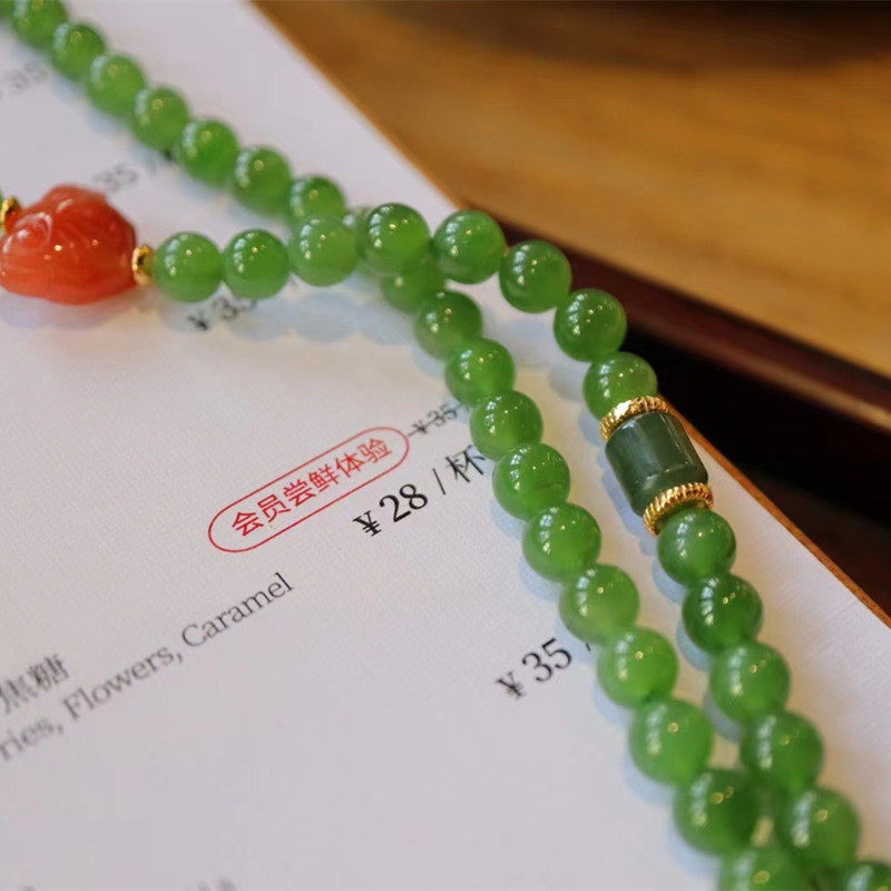 菠菜绿天然碧玉项链和田玉佛珠纯银镀金天然南红蜜蜡红纹石多宝珠
