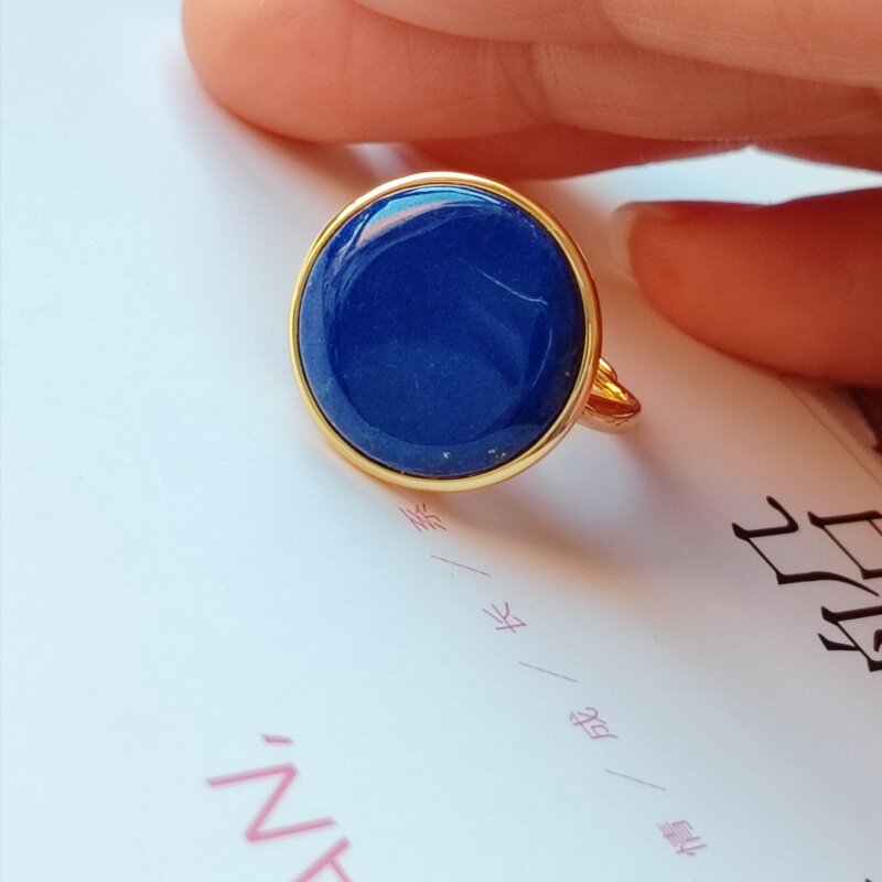 原创设计天然青金石圆牌戒指吊坠耳钉项链三件套手工蓝色首饰套装