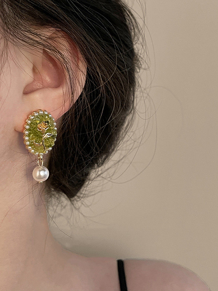 [슈퍼 페어리] S  장미 꽃 진주 귀걸이 틈새 디자인 하이 엔드 레트로 홍콩 스타일 녹색 귀 클립