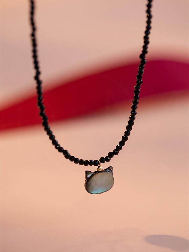 천연 블랙 크리스탈 고양이 목걸이 라이트 럭셔리 틈새 하이엔드 다용도 14K 골드 충전 변색되지 않는 목걸이