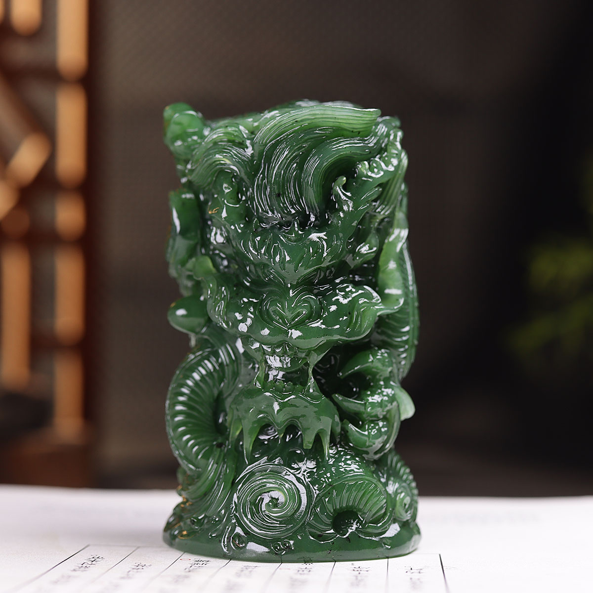 (古晨珠宝) 俄罗斯和田玉碧玉生肖龙把件手玩摆件龙腾盛世364g