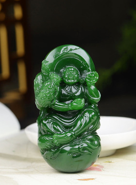 （古晨珠宝）俄罗斯和田玉菠菜绿碧玉降龙罗汉手把件手玩116g