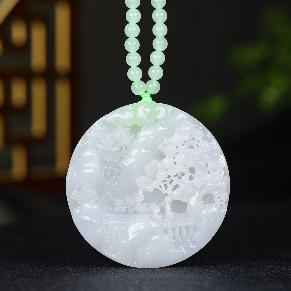 (古晨珠宝)和田玉烟紫飘翠山水挂件吊坠圆牌玉坠山青水秀59g