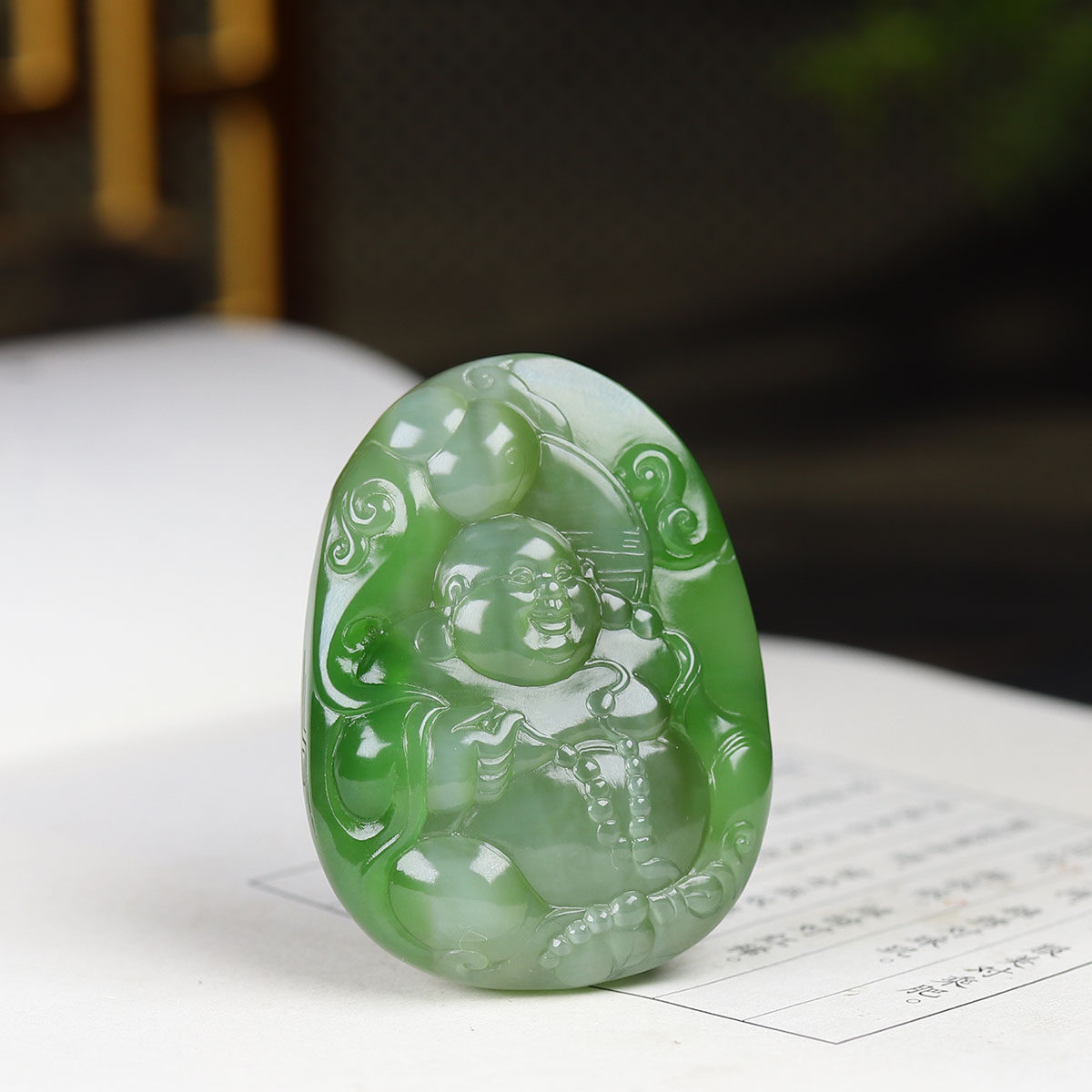 (古晨珠宝) 俄罗斯和田玉猫眼碧玉弥勒佛挂件吊坠玉坠天生福相45g