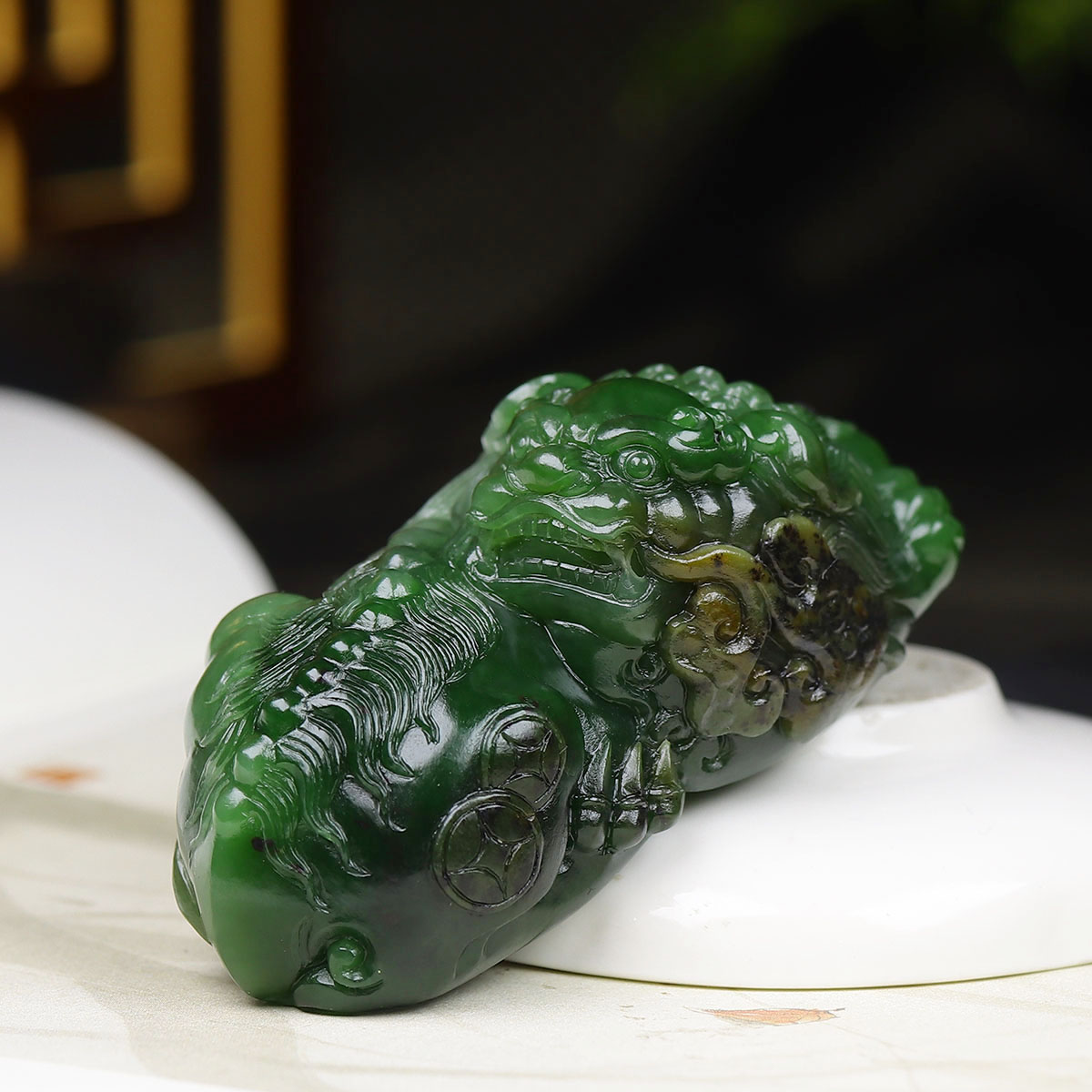 （古晨珠宝）俄罗斯和田玉碧玉貔貅手把件手玩摆件瑞兽赐福147g