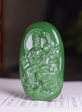 (古晨珠宝) 俄罗斯和田玉粉绿碧玉文殊菩萨挂件吊坠玉坠守护神64g