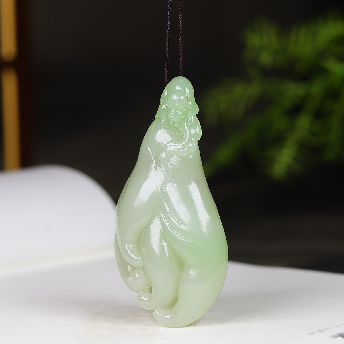 （古晨珠宝）青海和田玉翠青佛手瓜挂件吊坠玉坠福寿安康80g