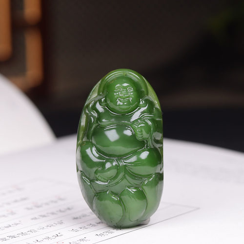 (古晨珠宝) 俄罗斯和田玉碧玉弥勒佛挂件玉坠吊坠喜乐一生26g