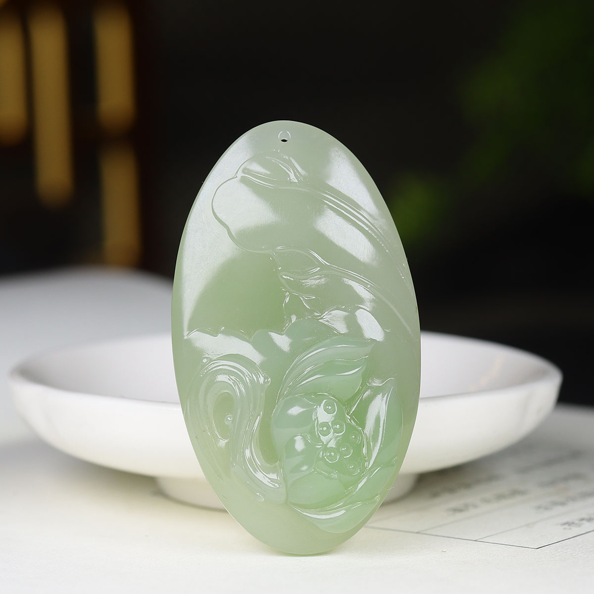 （古晨珠宝）青海和田玉翠青莲花挂件吊坠玉坠玉牌一品清廉27g
