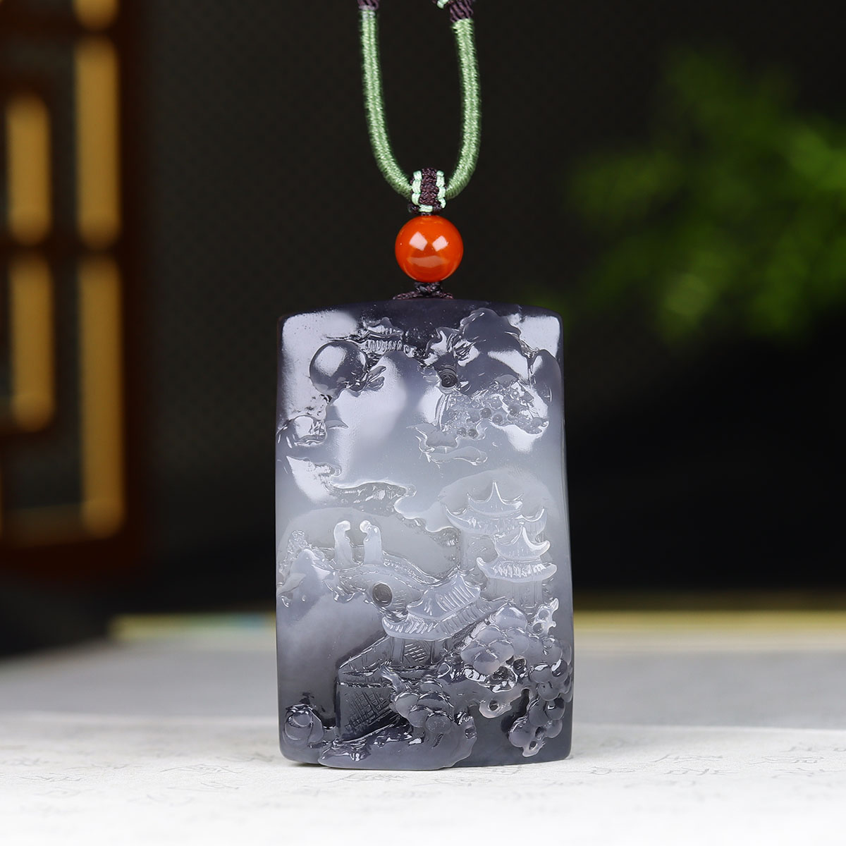 (古晨珠宝)和田玉烟紫山水挂件玉牌吊坠玉坠人间仙境61g