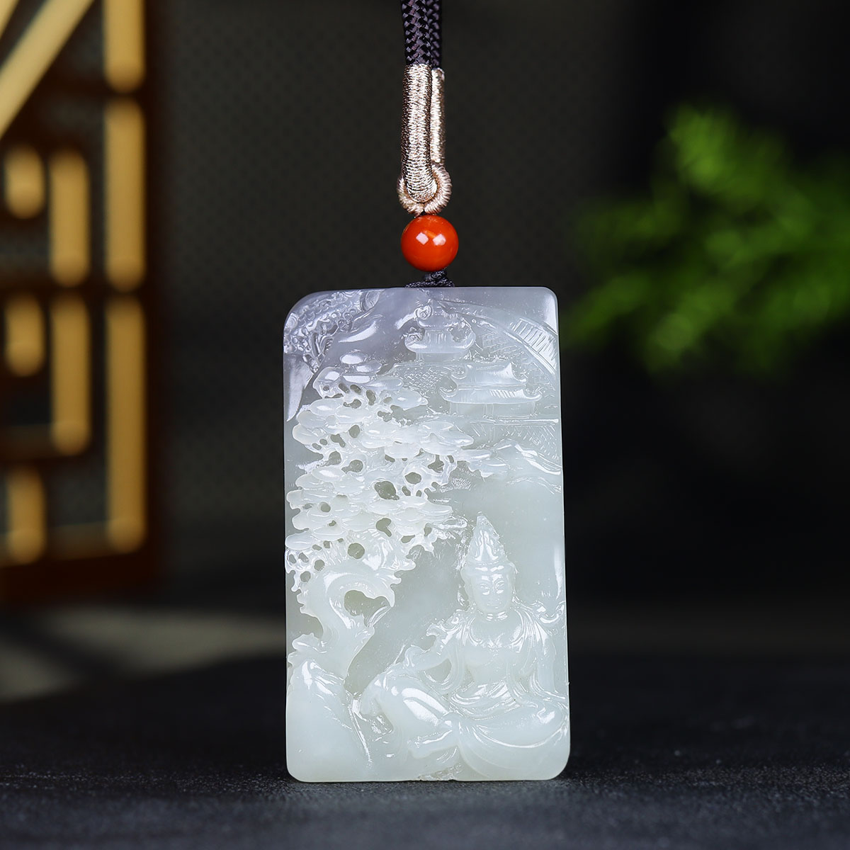 (古晨珠宝)青海和田玉烟紫观音山水挂件玉牌玉坠86g庄雪冬大师