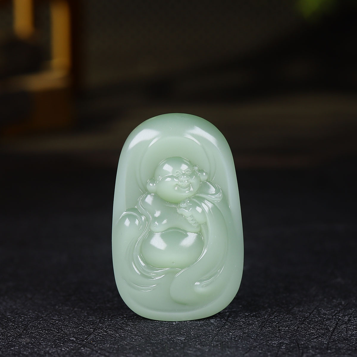 (古晨珠宝) 俄罗斯和田玉冰底粉青碧玉弥勒佛挂件吊坠笑口常开32g
