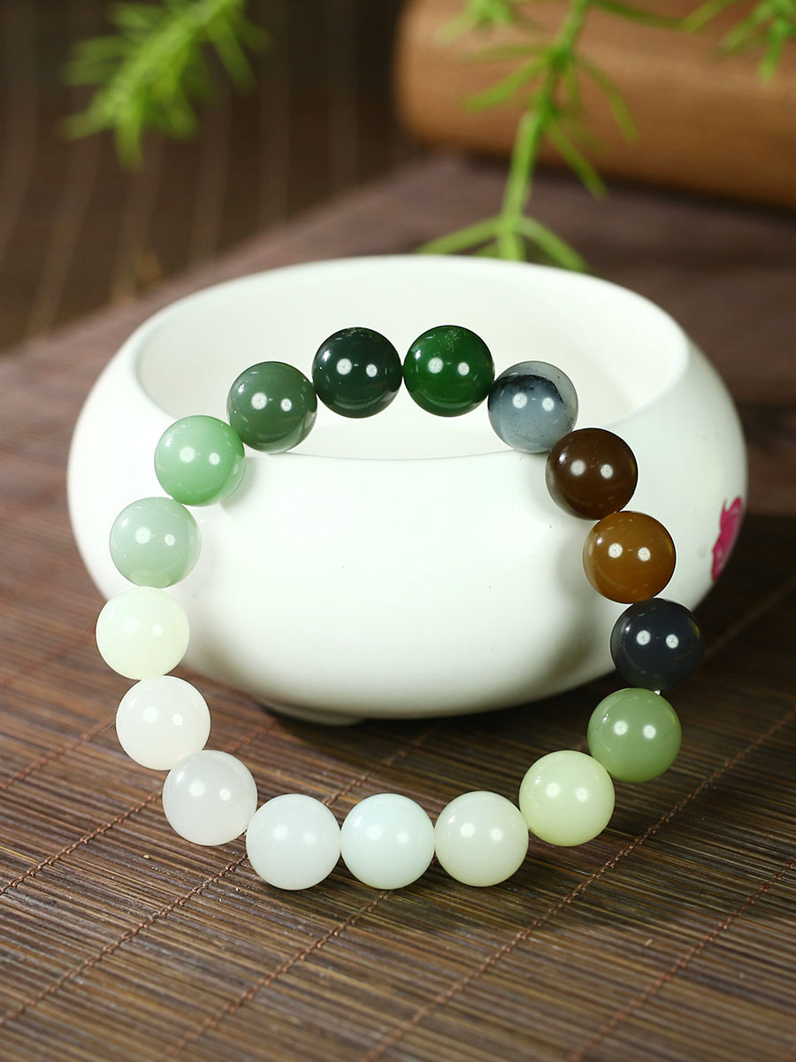 古晨新疆和田玉白玉多色圆珠手串