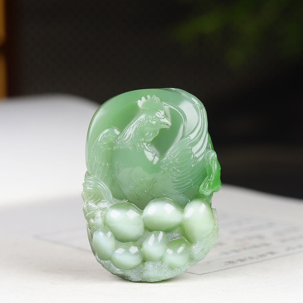 (古晨珠宝）俄罗斯和田玉猫眼碧玉生肖鸡挂件吊坠玉坠大吉大利40g