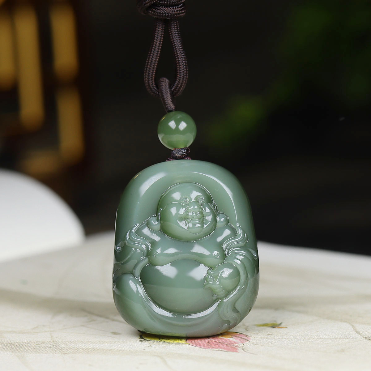 (古晨珠宝)俄罗斯和田玉猫眼碧玉弥勒佛挂件吊坠天生福相31g