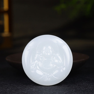 （古晨珠宝） 新疆和田玉羊脂白玉弥勒佛挂件圆牌玉坠天生福相40g