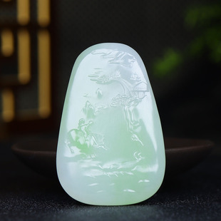 和田玉翠青意境山水挂件吊坠玉坠53g 古晨珠宝