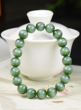 （古晨珠宝）俄罗斯和田玉碧玉蓝猫圆珠手串手链诸事顺意26g9+mm