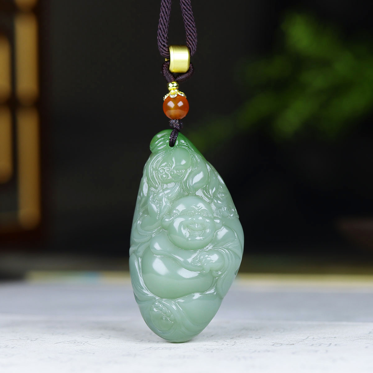 (古晨珠宝)俄罗斯和田玉粉青碧玉弥勒佛挂件吊坠玉坠笑口常开17g