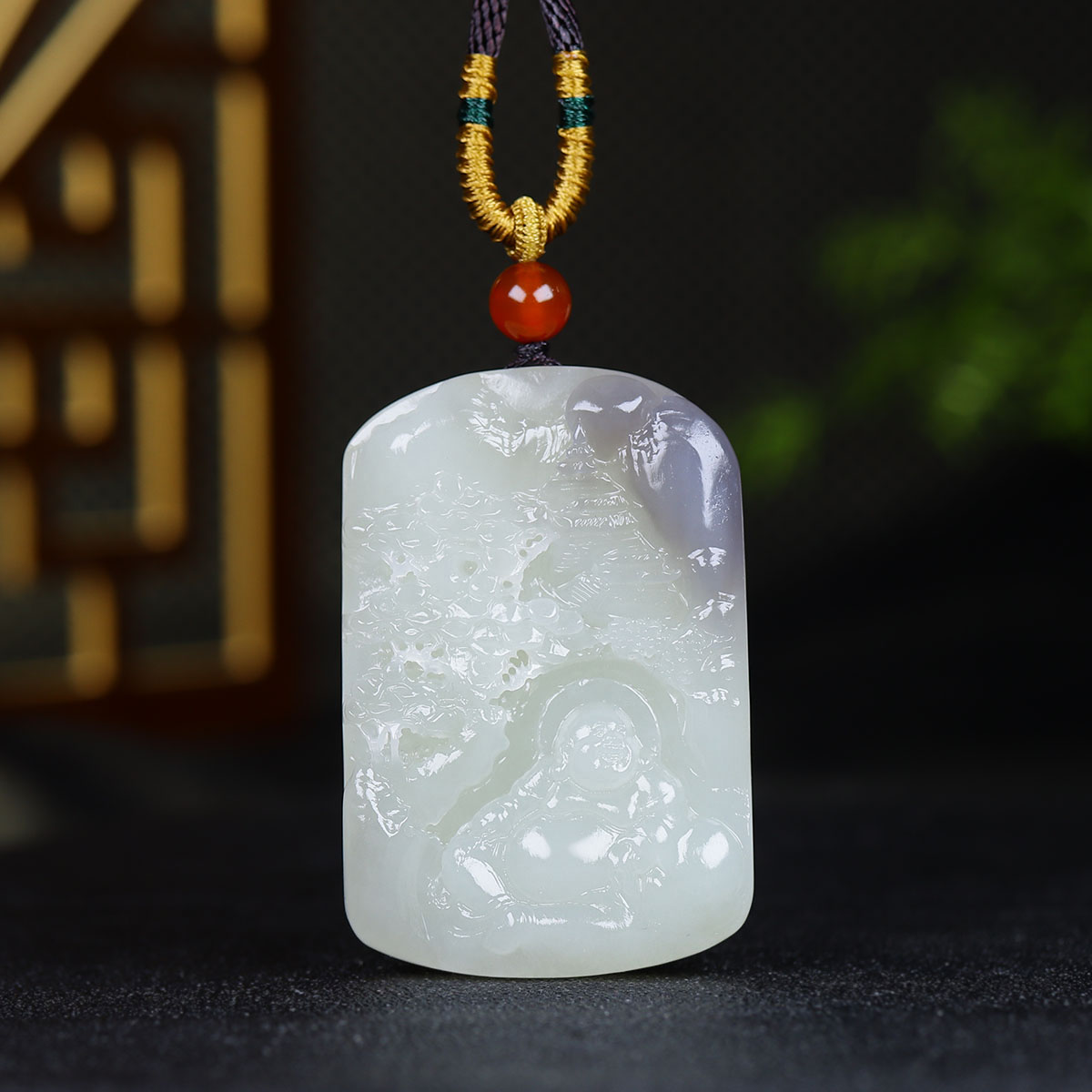 (古晨珠宝)和田玉烟紫弥勒佛挂件玉牌吊坠玉坠天生福相73g