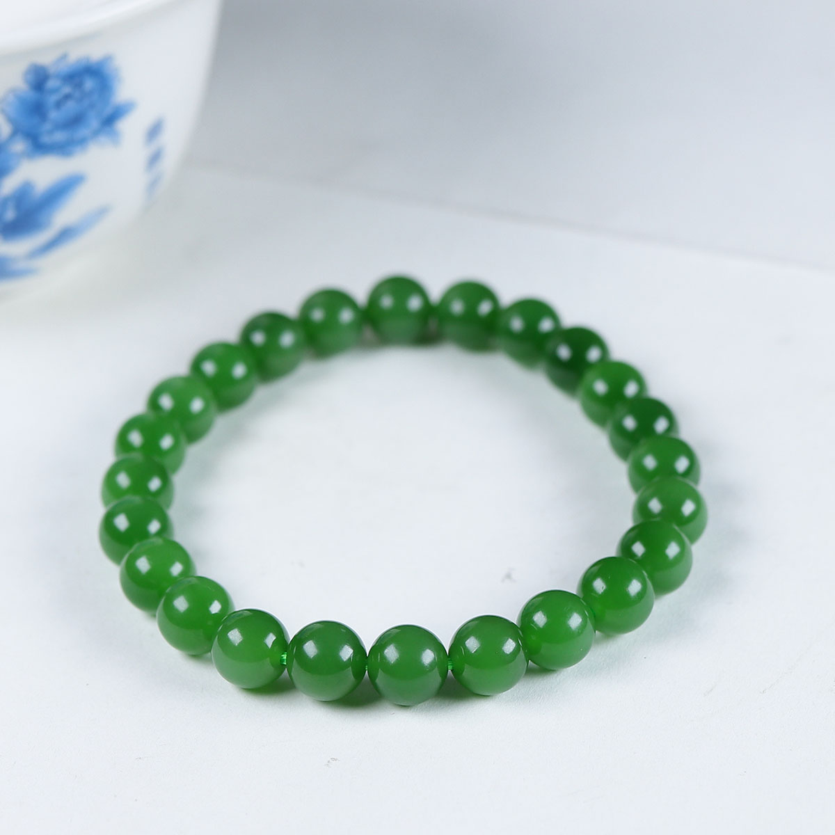 (古晨珠宝)俄罗斯和田玉阳绿碧玉圆珠手串女款手链珠连富贵19g8mm