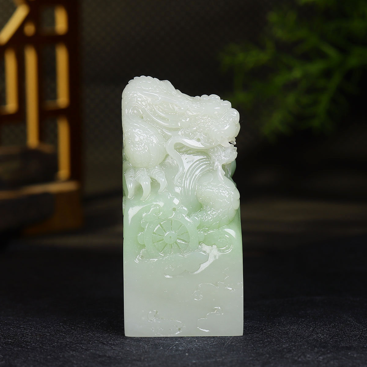 （古晨珠宝）青海和田玉翠青生肖龙印章把件手玩祥龙护主351g