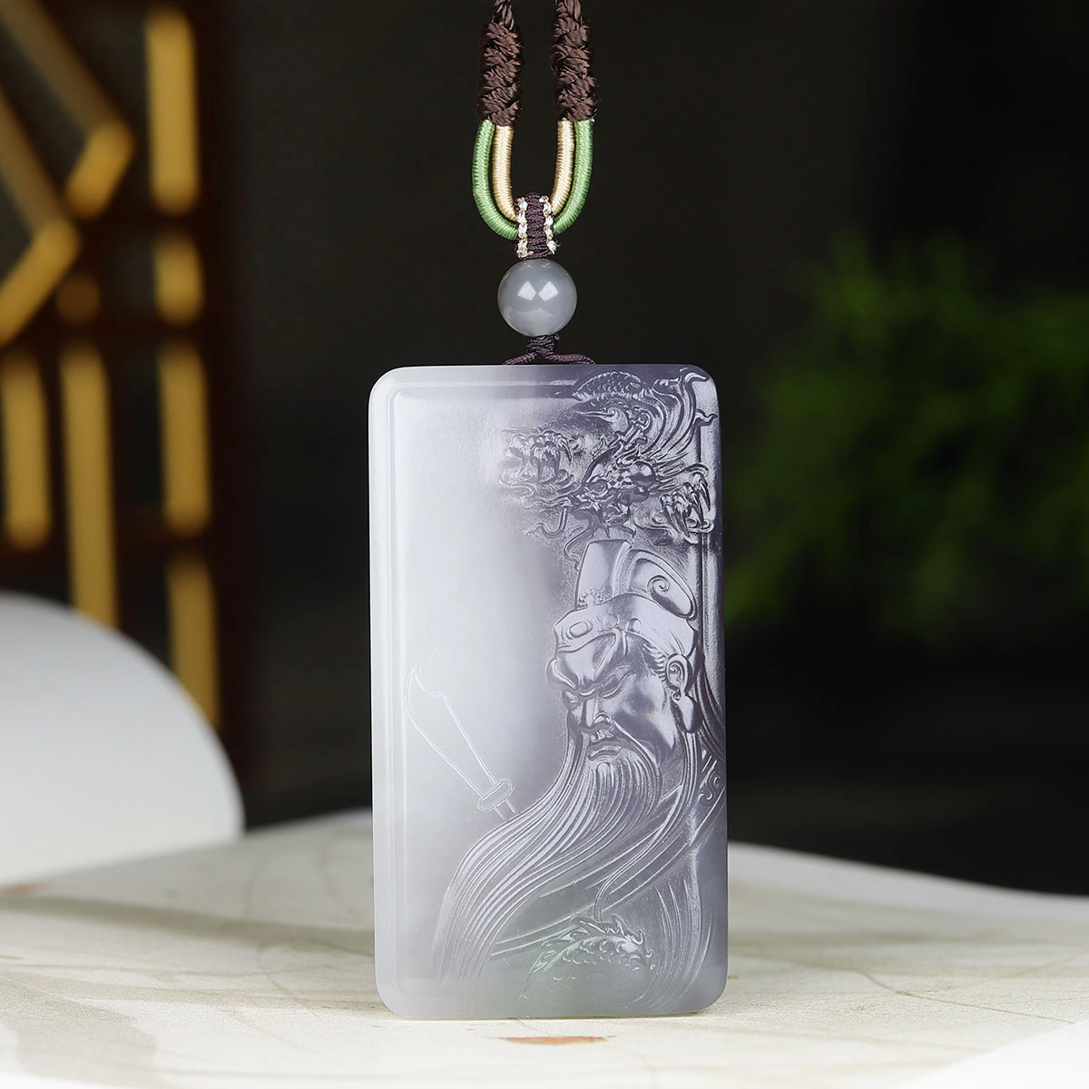 （古晨珠宝）青海和田玉烟紫关公玉牌挂件吊坠玉坠义薄云天60g