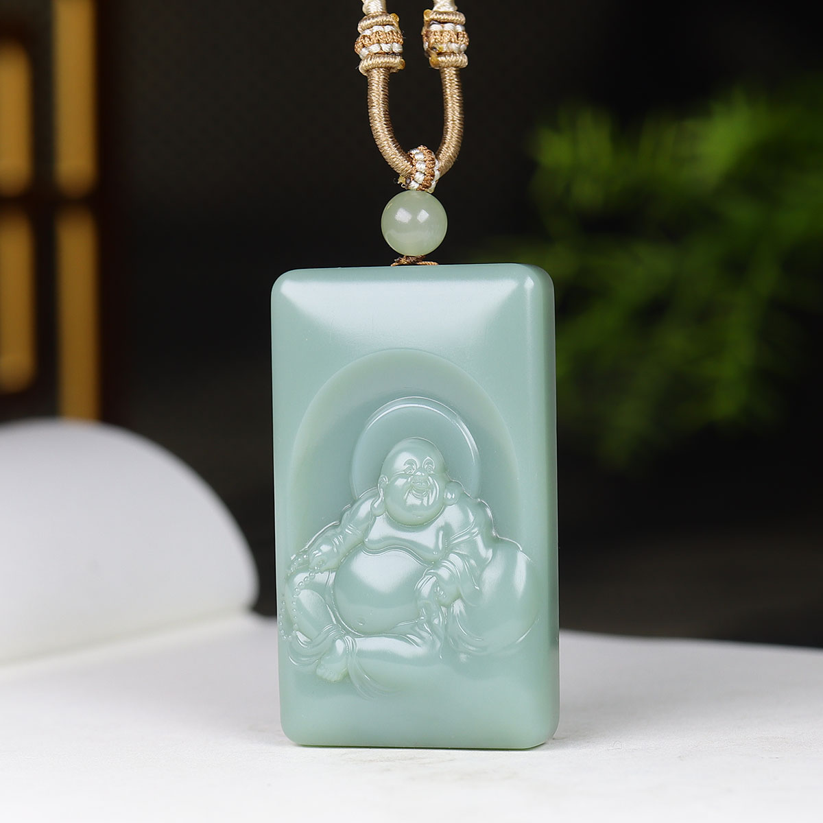（古晨珠宝） 俄罗斯和田玉粉青碧玉弥勒佛挂件吊坠玉坠玉牌49g