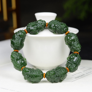 (古晨珠宝)俄罗斯和田玉菠菜绿碧玉貔貅手串手链瑞兽赐福70g