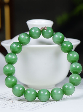 （古晨珠宝）俄罗斯和田玉粉绿猫眼碧玉圆珠手串手链44g11+mm