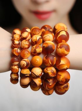 天然妖花原矿收藏级虎皮纹手串男女款老蜡琥珀花蜡圆珠单圈手链