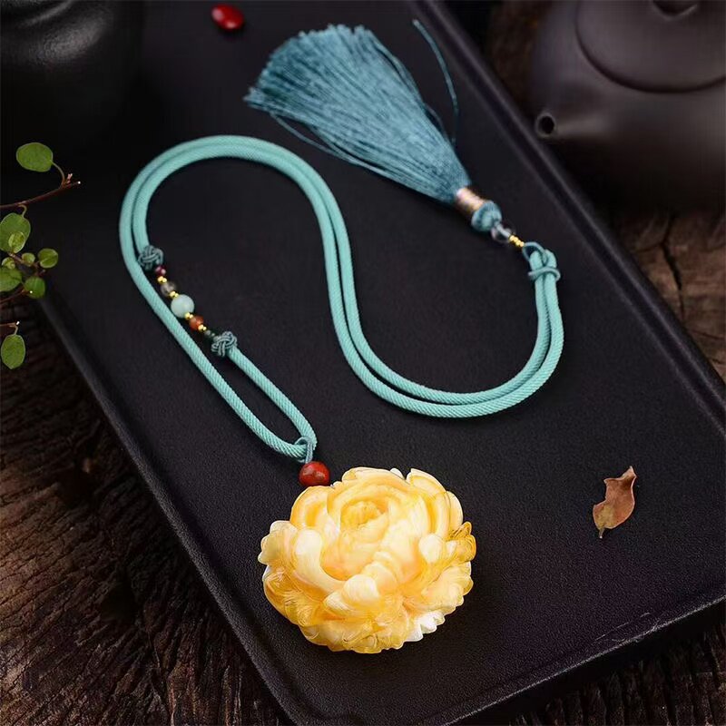 【附证书】天然蜜蜡牡丹花吊坠一物一图鸡油老蜜琥珀雕刻挂件项链