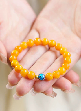 【附国检证书】天然鸡油黄蜜蜡手串妖花琥珀串珠原矿玉石925银莲