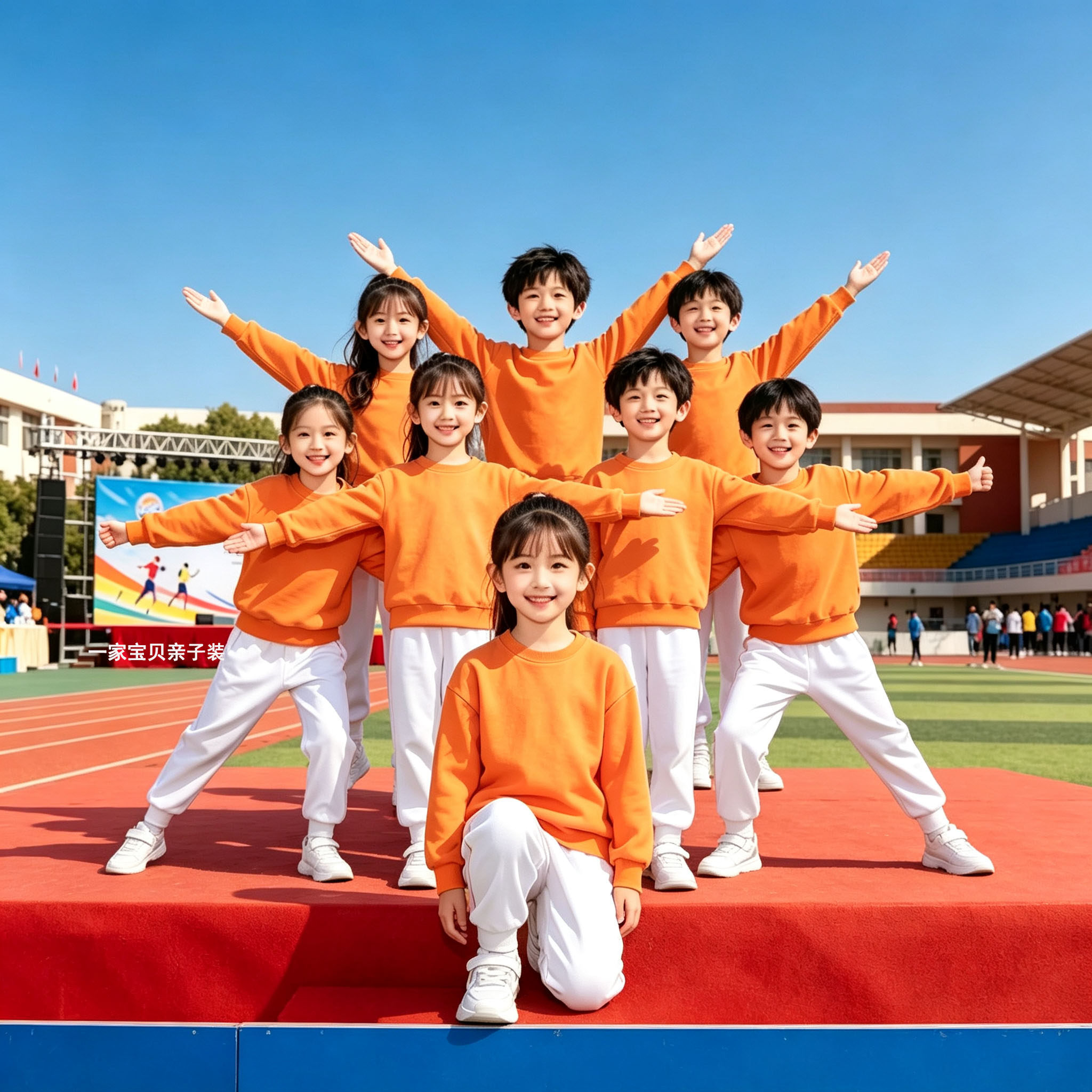 儿童套装糖果色卫衣小学中学生运动会班服白色长裤橙色上衣活动服