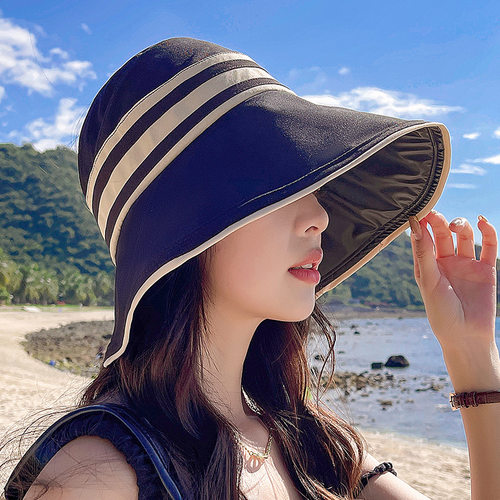 UPF50+高倍防晒黑胶大沿条纹空顶帽子女户外防紫外线可折叠太阳帽