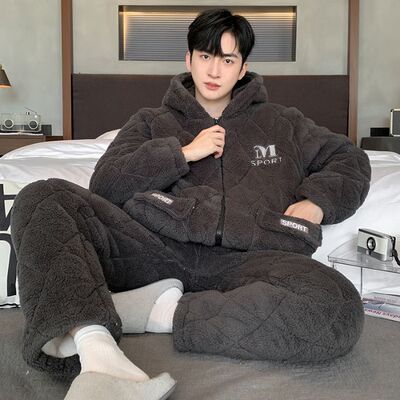 男士睡衣冬季珊瑚绒三层夹棉加厚加绒套装大码秋冬款法兰绒家居服