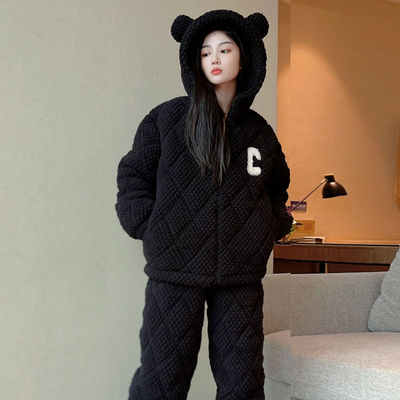 睡衣女冬季珊瑚绒夹棉三层加厚加绒法兰绒冬天休闲冬款家居服套装