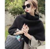 秋冬新款 套头毛线披肩围脖高领开叉魔法斗篷大衣外披黑色针织围巾